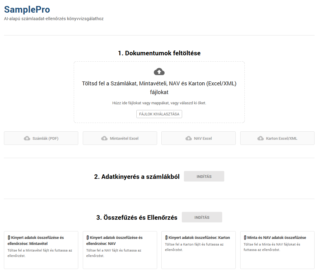 A SamplePro főképernyője: dokumentumok feltöltése, adatkinyerés, összefűzés és ellenőrzés